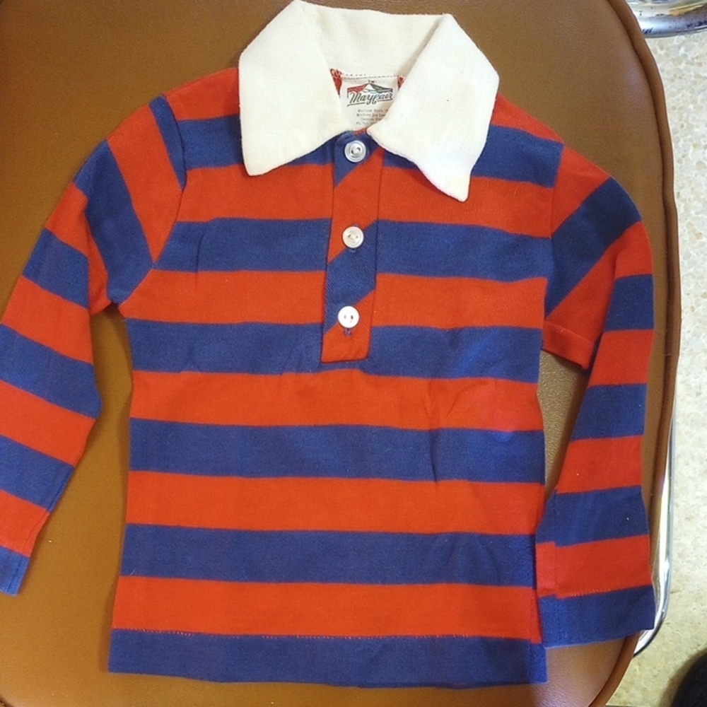 Mayfair Size 2T Red & Blue Striped Cotton/ Polyester Polo Shirt w/ Long Sleeves